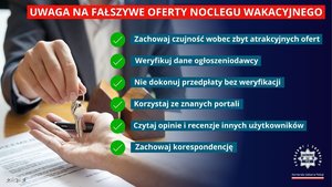 Zdjęcie przedstawiające plakat z informacją jak nie dać się oszukać na fałszywe oferty noclegów podczas wakacji.