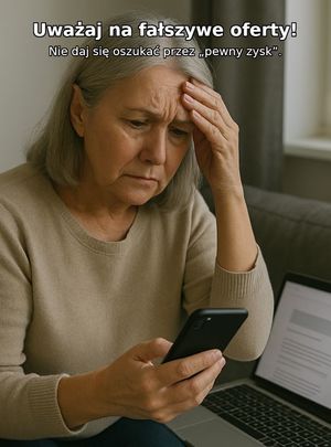 Zdjęcie poglądowe przedstawiające kobietę przy laptopie z telefonem komórkowym w ręku.
