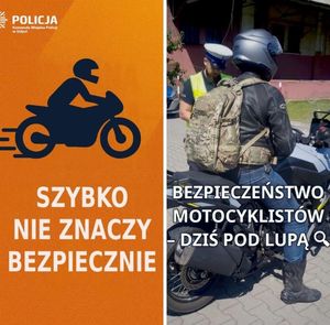 Zdjęcie przedstawiające plakat. Z lewej strony jest zarys osoby na motocyklu, z prawej strony widać mężczyznę na motocyklu, a przy nim stojącego policjanta.