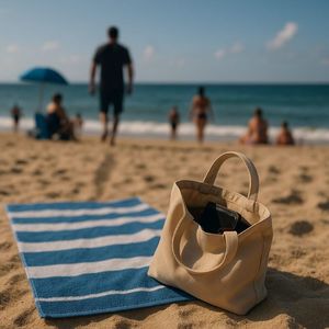 Zdjęcie poglądowe przedstawiające ręcznik i torbę, pozostawione na plaży. W tle widać plażowiczów.