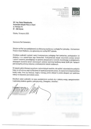 Zdjęcie przedstawiające treść podziękowania dla funkcjonariuszy.