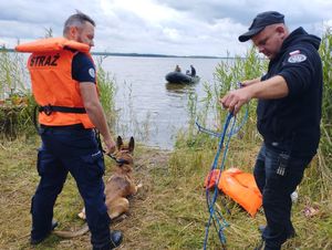Zdjęcie przedstawiające funkcjonariuszy z psem służbowym.
