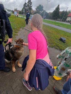 Zdjęcie przedstawiające dziewczynkę głaszczącą psa służbowego.