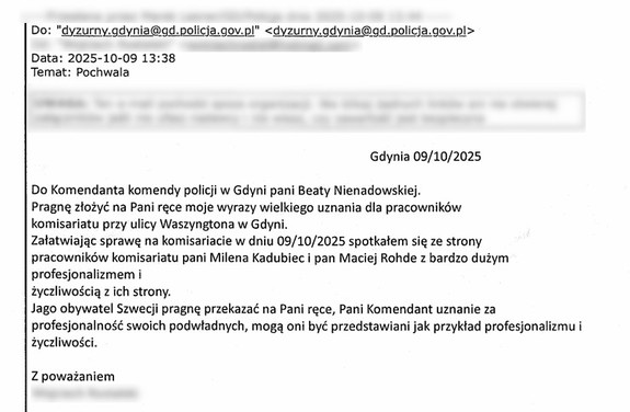 zdjęcie przedstawia wydrukowaną wiadomość e-mail z podziękowania dla funkcjonariuszy z Gdyni