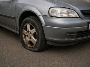 Zdjęcie poglądowe, przedstawiające uszkodzoną oponę w pojeździe.