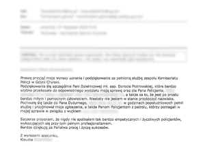Podziękowania wysłane do Komendy Miejskiej policji w Gdyni od mieszkanki.