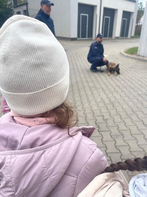 Uczniowie podczas pokazu psa słuzbowego